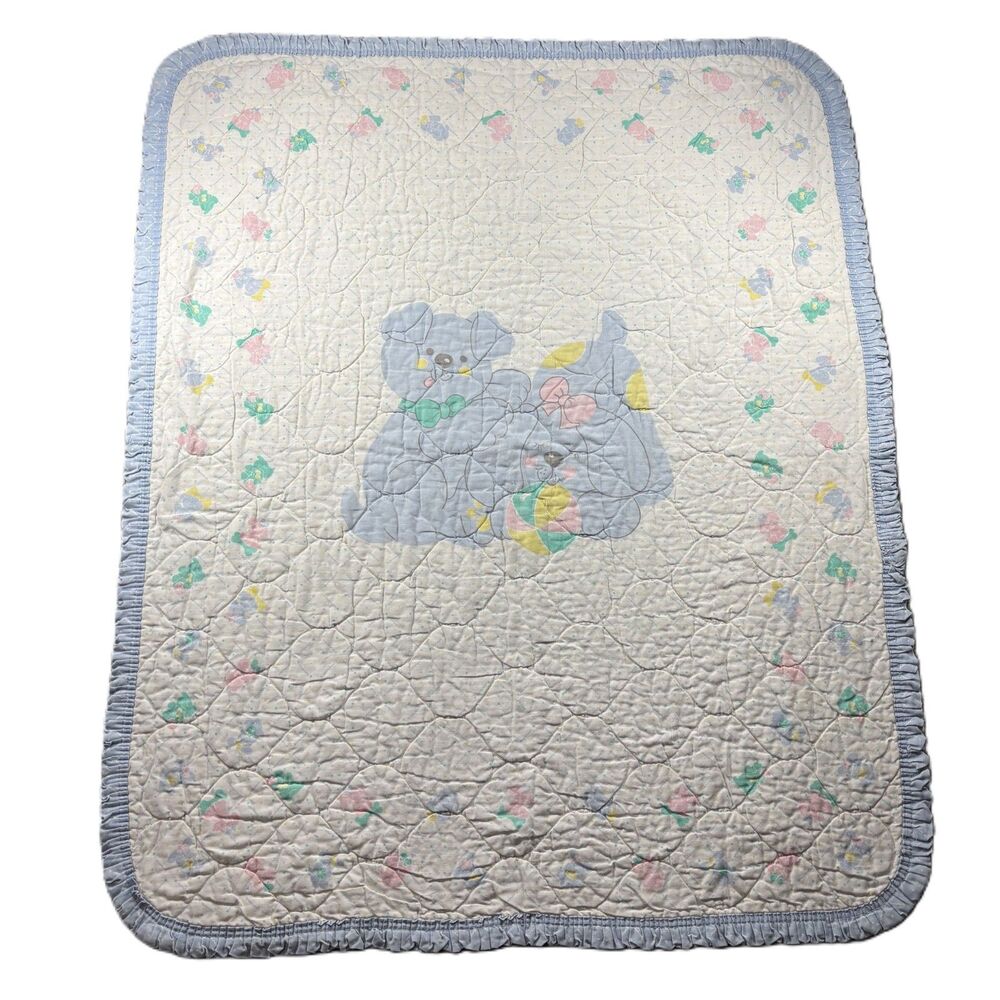Vintage Baby Crib Blanket Pastel Dog Family Ruffle Trim Quilted 34x41